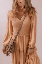 Smocked V Neck Long Sleeve Ruffle Dress
