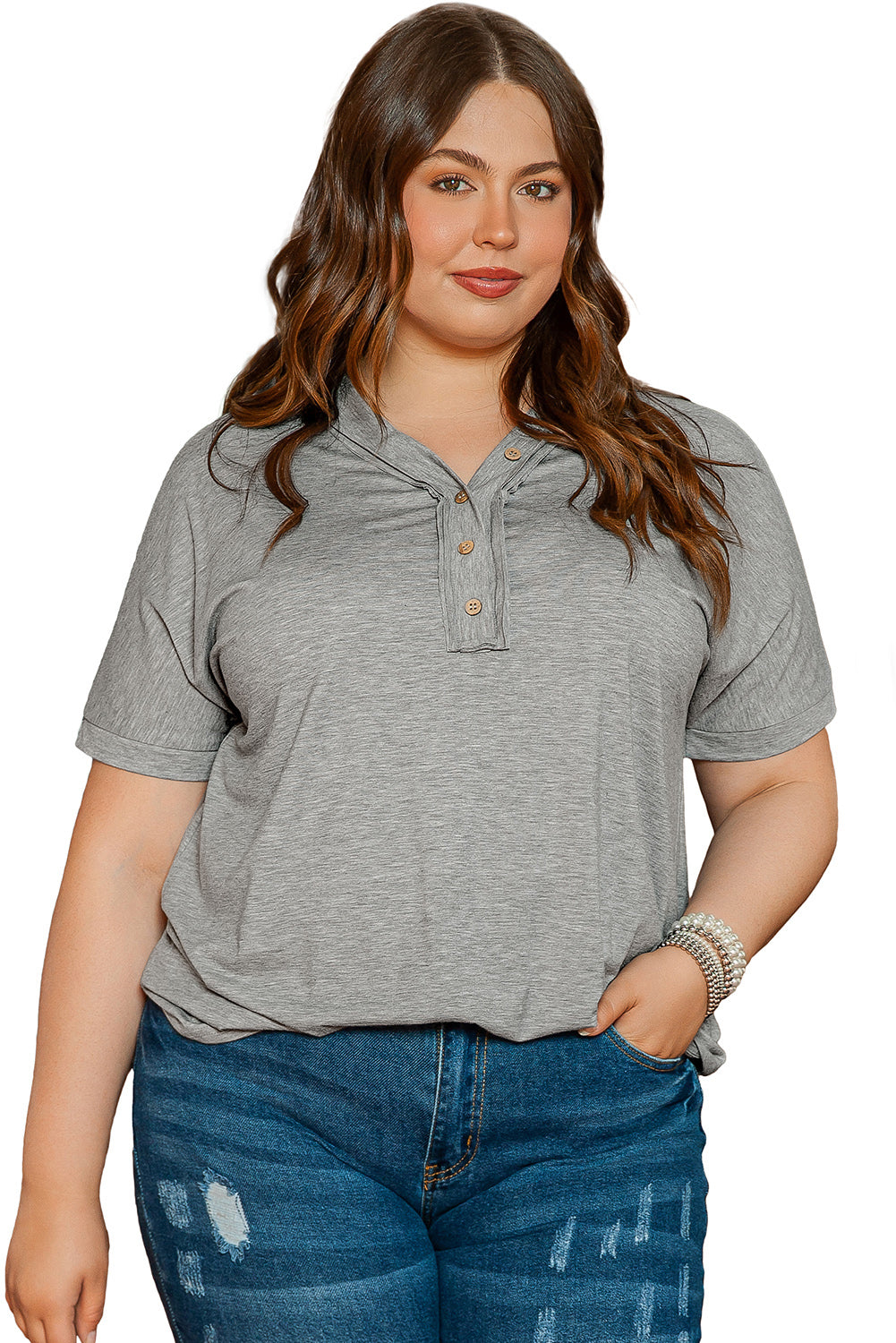 Plus Size Buttoned V Neck Batwing Sleeve Top