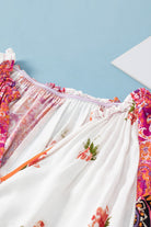 Multicolor Floral Patchwork Shirred Cuffs Buttoned Blouse