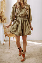 Collared V Neck Smocked High Waist Mini Dress