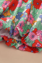 Plus Size Floral Print Ruffle V Neck Bubble Sleeve Blouse