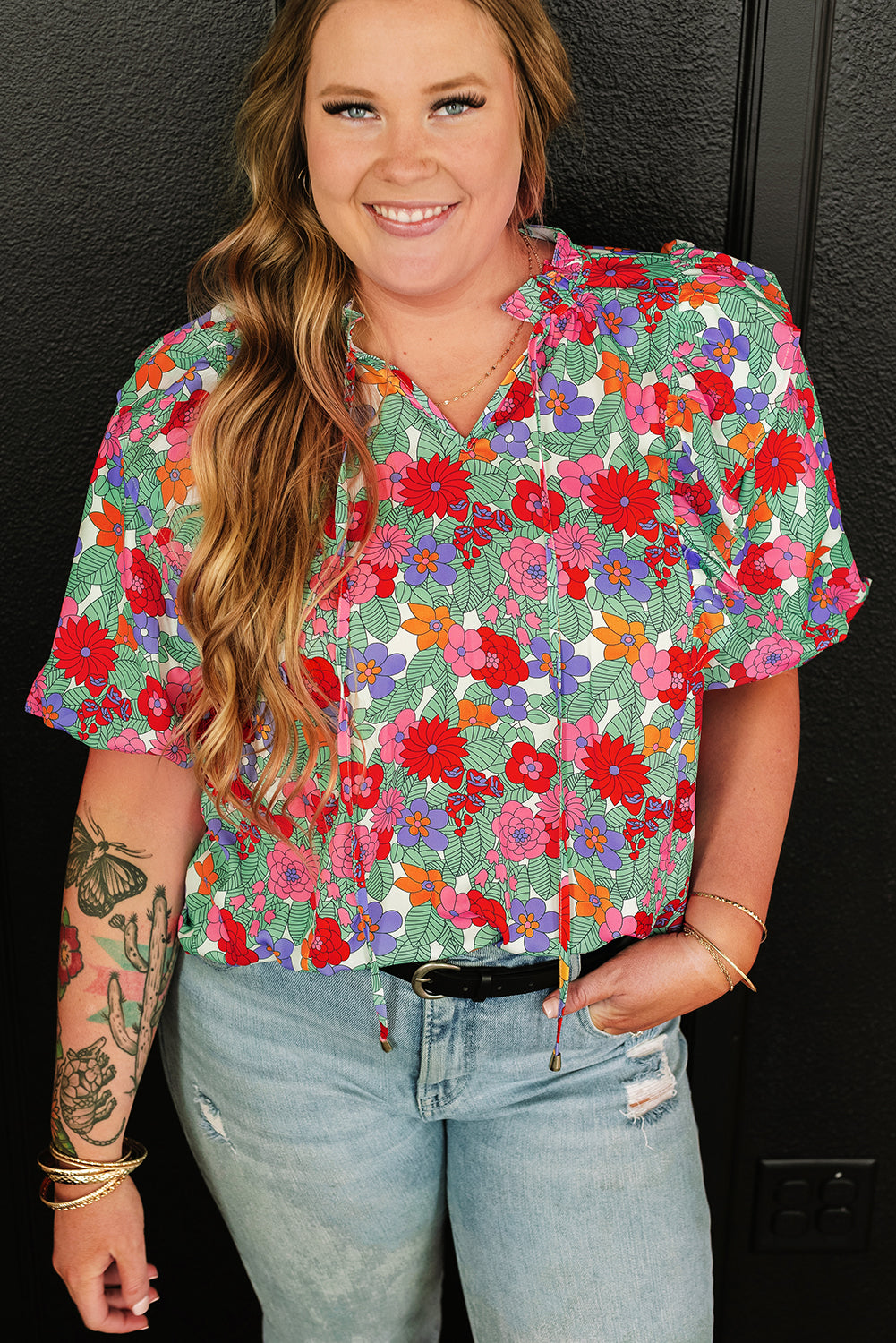 Plus Size Floral Print Ruffle V Neck Bubble Sleeve Blouse