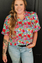 Plus Size Floral Print Ruffle V Neck Bubble Sleeve Blouse