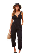 Black V Neck Knotted Shoulder Backless Pocket Jumpsuit
