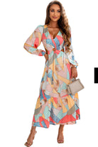 Abstract Print O-ring Cut out Long Sleeve Maxi Dress