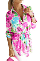 Floral Print Lace-up Roll Tab Sleeve Tunic Shirt