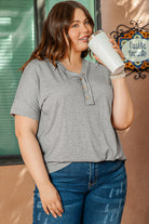 Plus Size Buttoned V Neck Batwing Sleeve Top