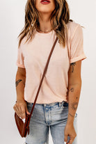 Pink Solid Color Crew Neck Tee