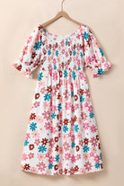 Plus Size Flower Print Smocked Off Shoulder Dress