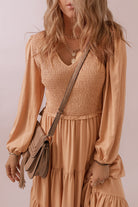 Smocked V Neck Long Sleeve Ruffle Dress