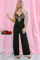 Lace V Neck Bodice Spaghetti Straps Wide Leg Jumpsuit