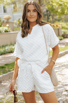 Textured Split Neck Top and Drawstring Shorts Set