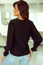 Lace Panel V Neck Ruffle Long Sleeve Eyelet Blouse