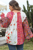 Multicolor Floral Patchwork Shirred Cuffs Buttoned Blouse