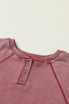 Waffle Knit Raglan Sleeve Henley Sweatshirt