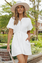 Puff Sleeve Drawstring Shirt Dress with Pockets