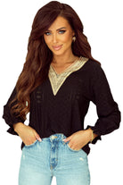 Lace Panel V Neck Ruffle Long Sleeve Eyelet Blouse