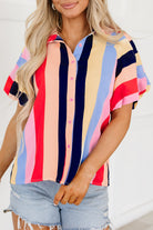 Color Block Striped Puff Sleeve Buttoned Shirt