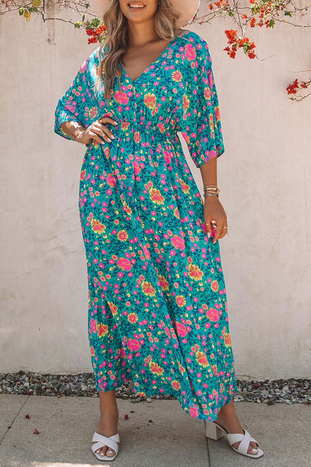 Green Boho Deep V Neck Floral Maxi Dress