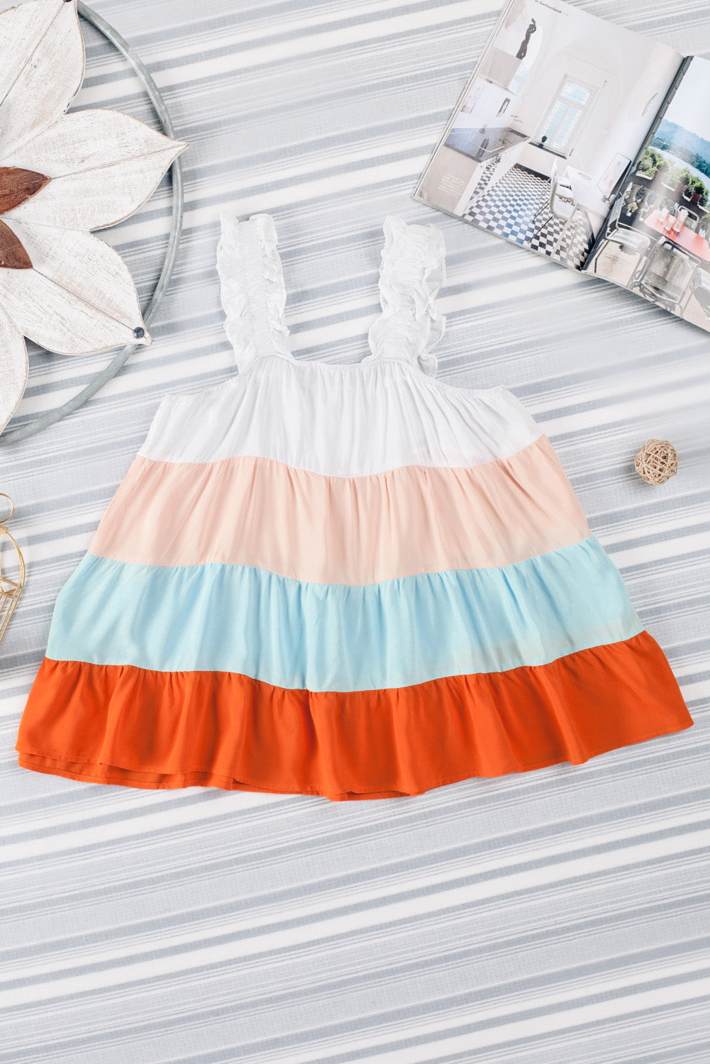Frill Straps Color Block Tiered Tank Top