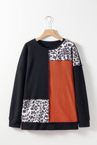 Black Orange Colorblock Leopard Patchwork Waffle Knit Plus Size Top