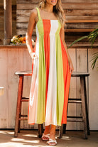 Color Block Shirred High Waist Fit and Flare Maxi Dress