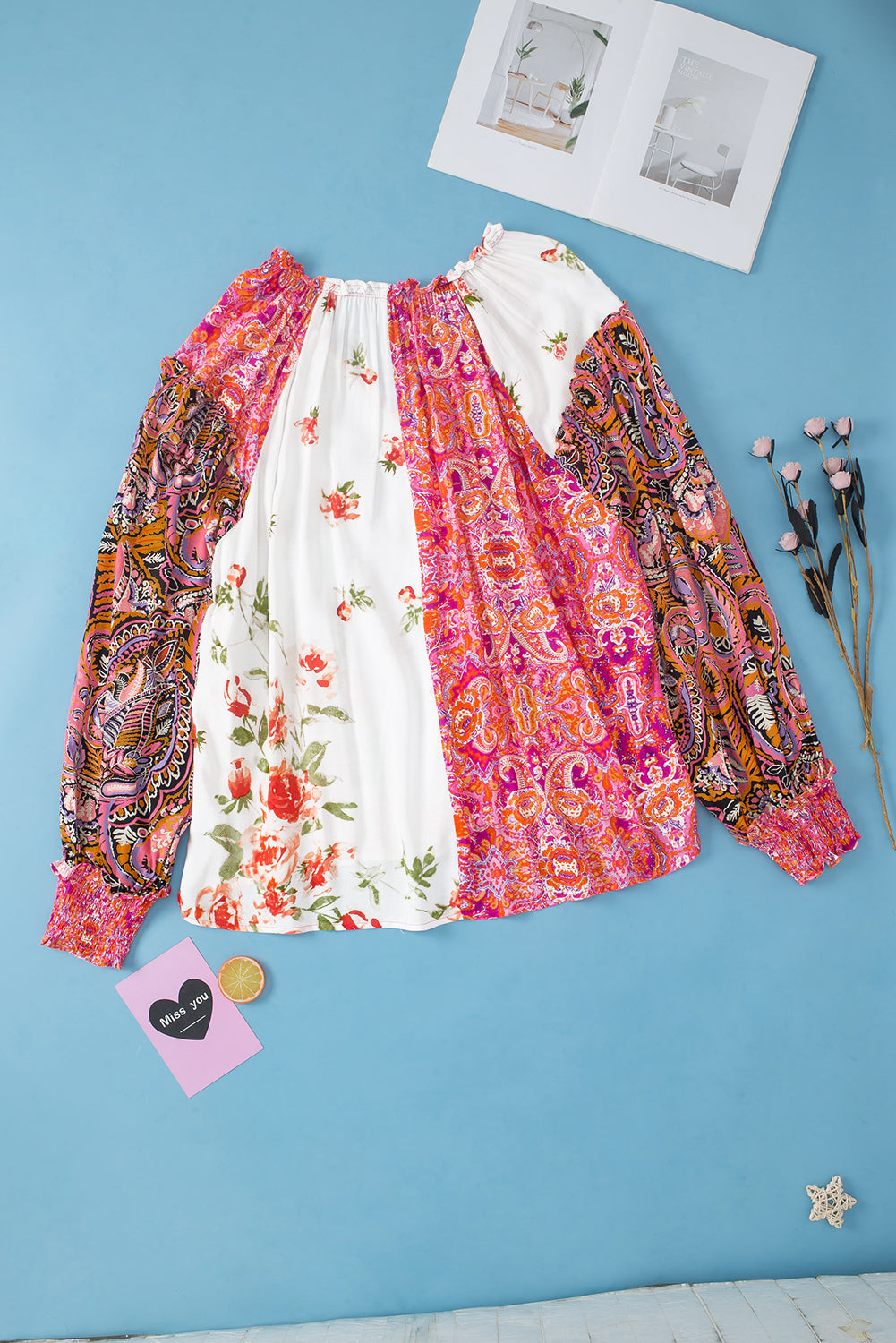 Multicolor Floral Patchwork Shirred Cuffs Buttoned Blouse