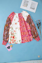 Multicolor Floral Patchwork Shirred Cuffs Buttoned Blouse