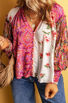 Multicolor Floral Patchwork Shirred Cuffs Buttoned Blouse