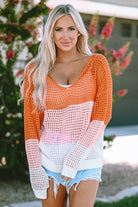 Multicolor Color Block Eyelet Long Sleeve Twisted Back Knit Top
