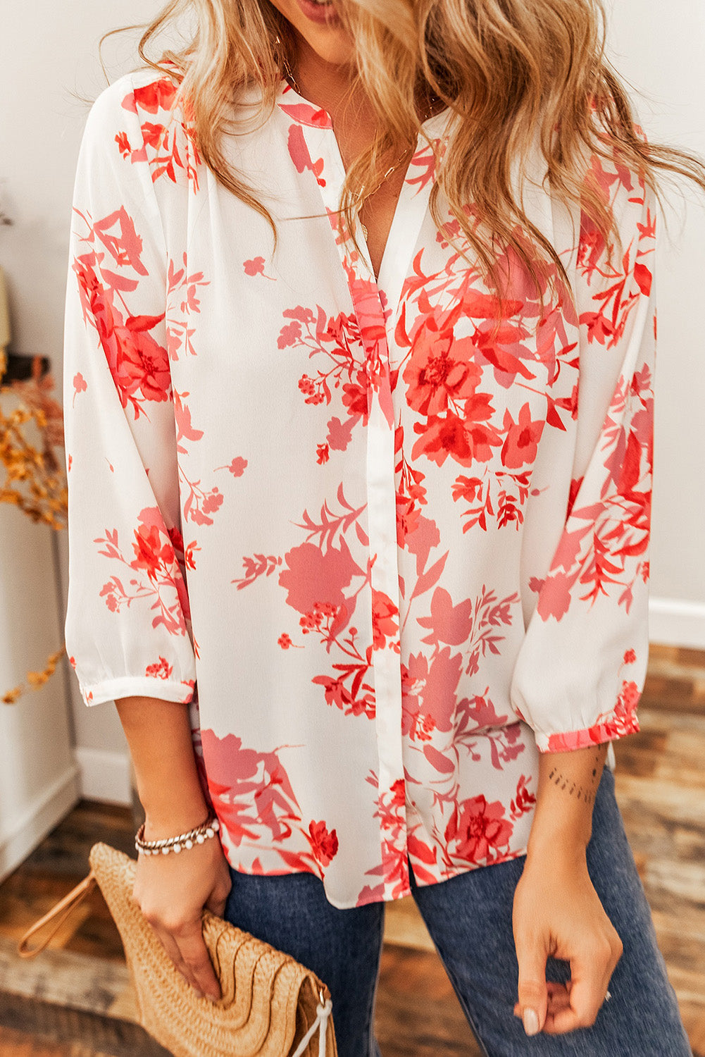 Plant Print Pleated Back V Neck Shift Casual Shirt