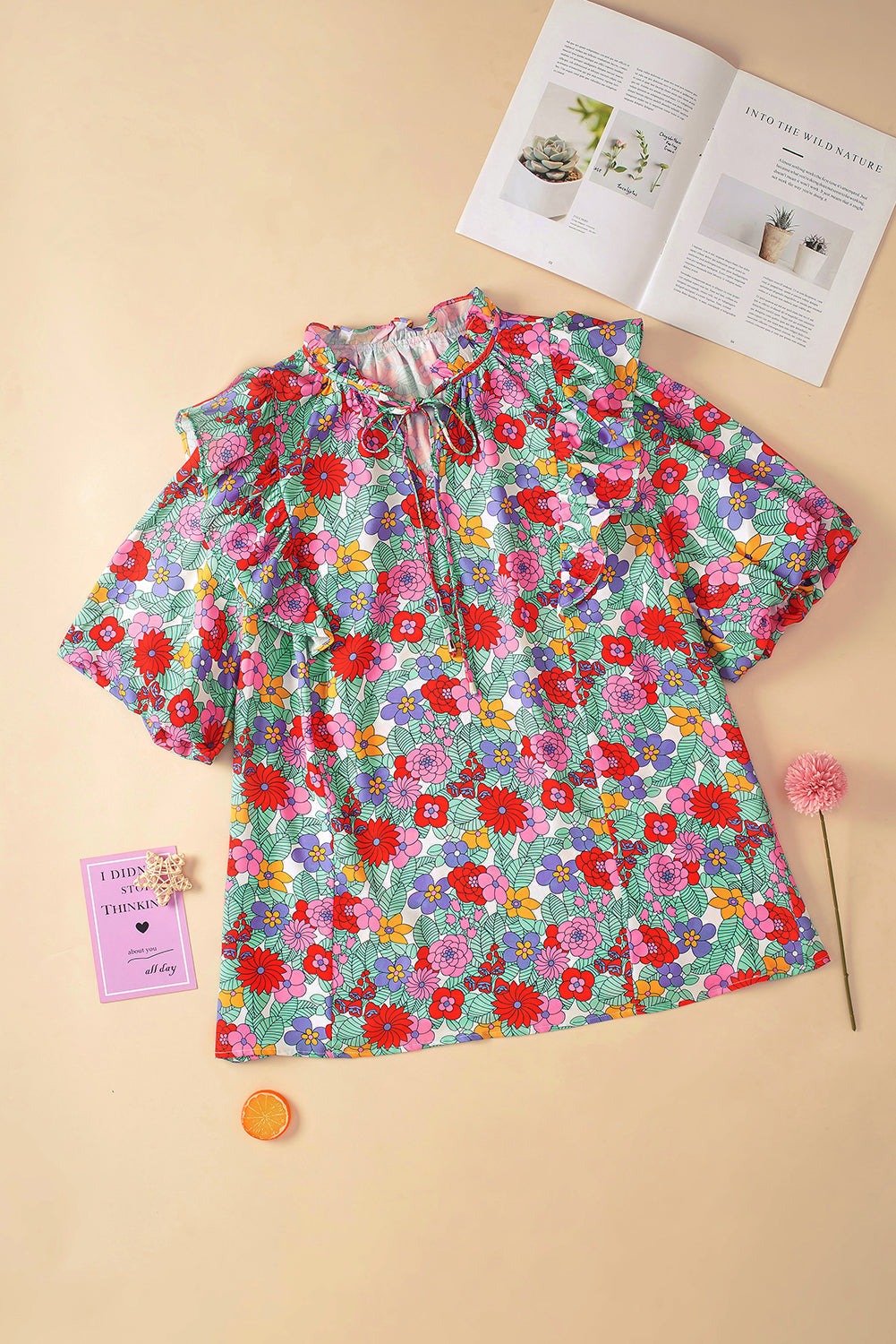 Plus Size Floral Print Ruffle V Neck Bubble Sleeve Blouse