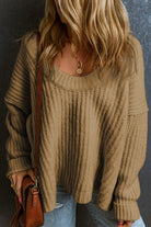 Khaki Ribbed Knit Round Neck Slouchy Chunky Sweater