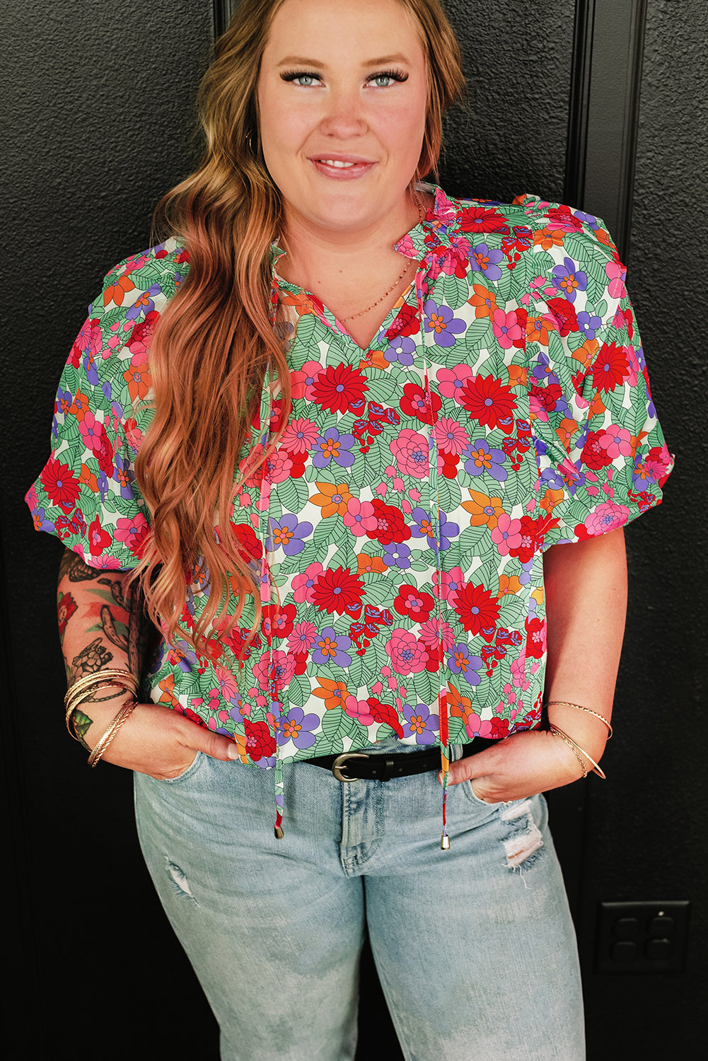 Plus Size Floral Print Ruffle V Neck Bubble Sleeve Blouse