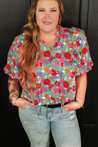 Plus Size Floral Print Ruffle V Neck Bubble Sleeve Blouse