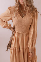 Smocked V Neck Long Sleeve Ruffle Dress