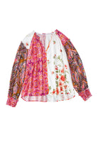 Multicolor Floral Patchwork Shirred Cuffs Buttoned Blouse