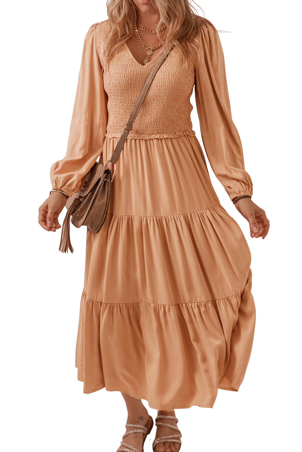 Smocked V Neck Long Sleeve Ruffle Dress