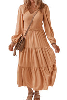 Smocked V Neck Long Sleeve Ruffle Dress