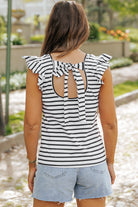 White Stripe Butterfly Sleeve V Neck Hollowed Knot Back T Shirt