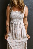 Lace Frilly Straps Shirred Floral Maxi Dress
