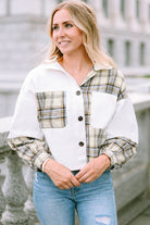 White Corduroy Plaid Colorblock Patchwork Shacket