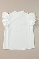 White Solid Color Scalloped Ruffle Sleeve Top