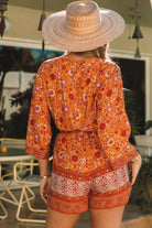 Orange Boho Floral Wrap V Neck Tie Waist Romper