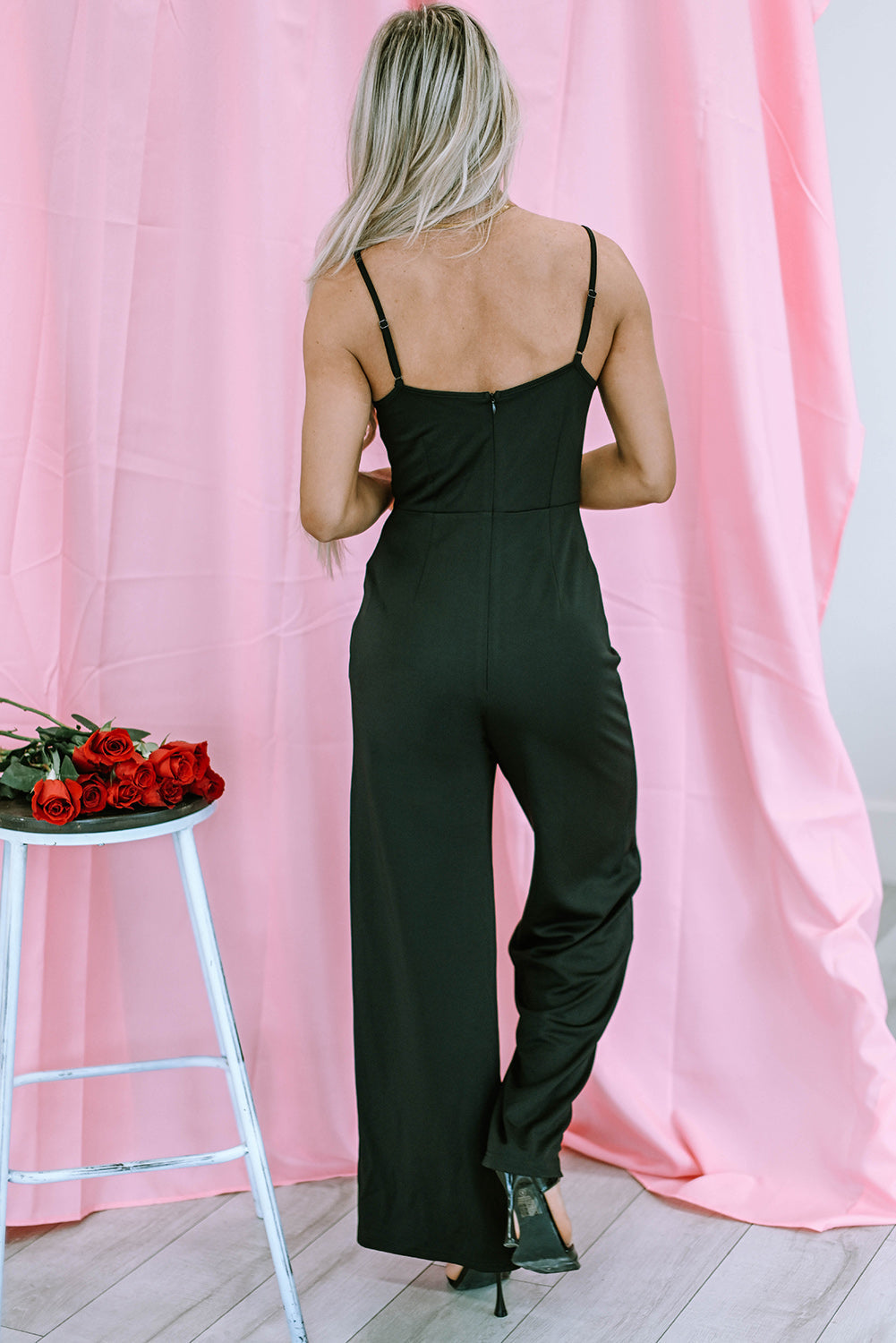 Lace V Neck Bodice Spaghetti Straps Wide Leg Jumpsuit