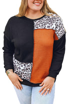 Black Orange Colorblock Leopard Patchwork Waffle Knit Plus Size Top