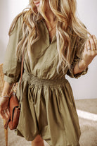Collared V Neck Smocked High Waist Mini Dress
