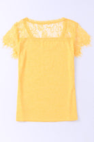Yellow Lace Crochet Short Sleeve U Neck T Shirt