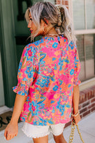 Plus Floral Print Frilly Neck Puff Sleeve Blouse