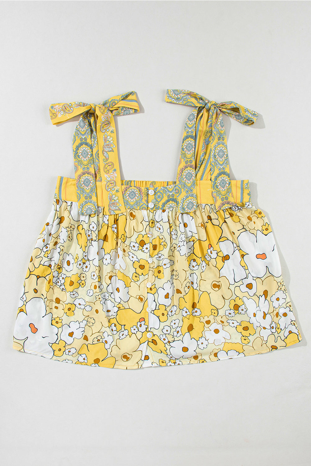 Floral Patchwork Tied Straps Buttoned Tank Top